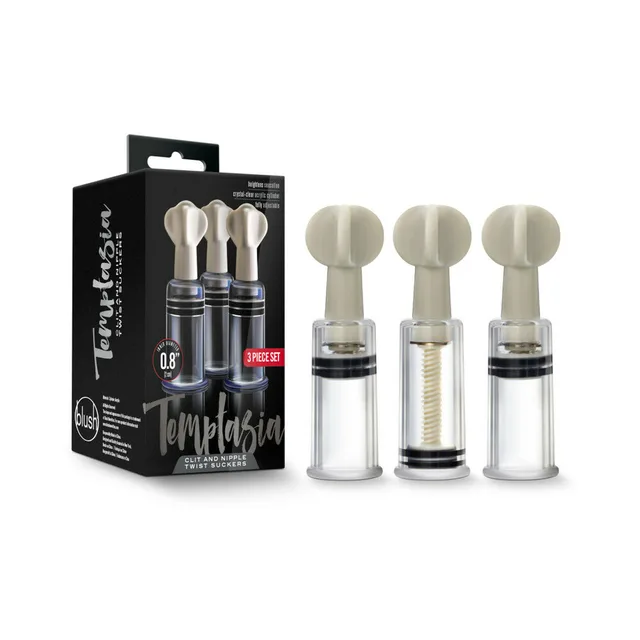 Blush Temptasia three clear twist suckers beside retail box