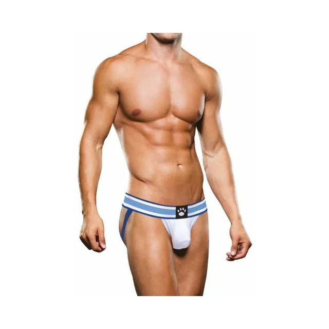 Front view of Prowler white-pouch jock strap with blue trim size XL