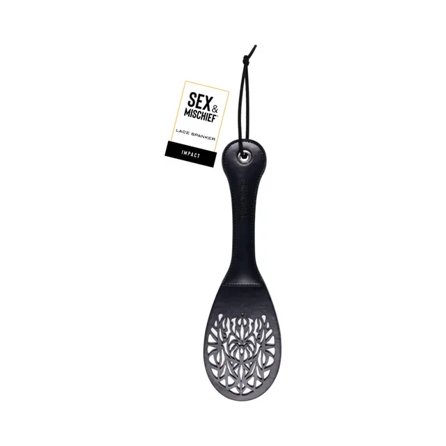 Sportsheets black faux leather spanker with open floral lace cutout