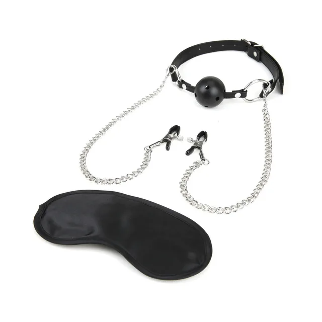 Black ventilated ball gag with two chain-linked clamps and eye mask