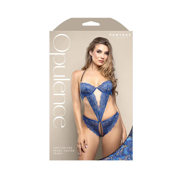 Fantasy Lingerie royal blue pearl halter teddy M/L retail box
