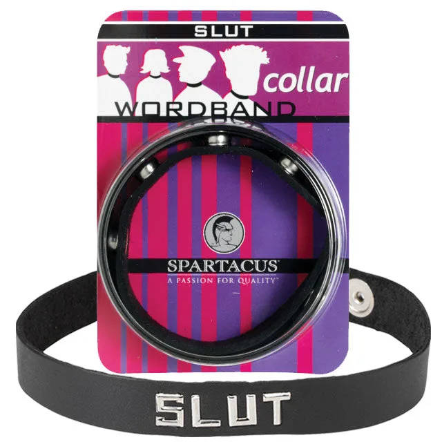 Black Spartacus SLUT wordband collar wrapped around a pink and purple retail card