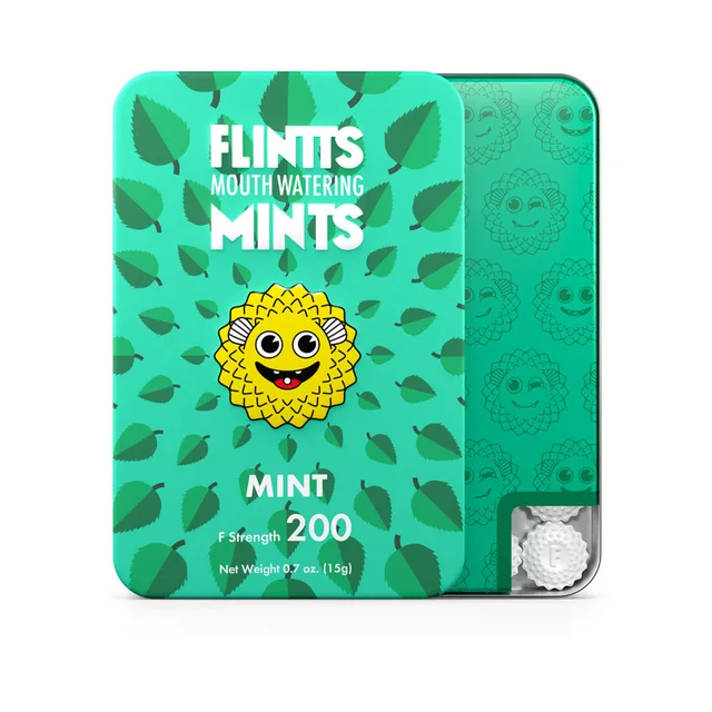 Teal-green Flintts Mint Mints F-Strength 200 slide tin with leaf graphics
