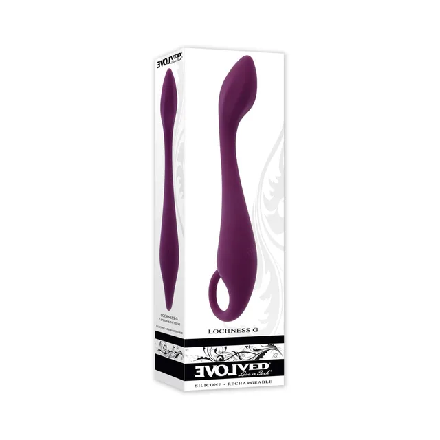 Evolved Lochness G burgundy curved vibrator in tall white retail box