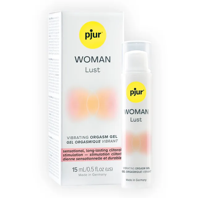 pjur Woman Lust 15 ml white pump bottle beside retail box