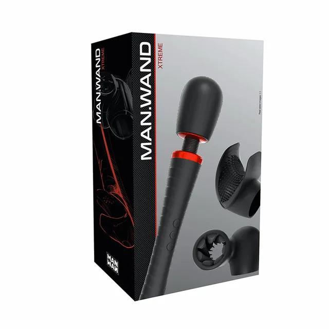 Man Wand Xtreme black massager with red accent ring beside retail box