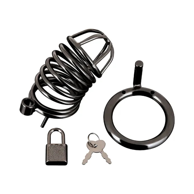 Black spiral cage disassembled with ring lock and keys