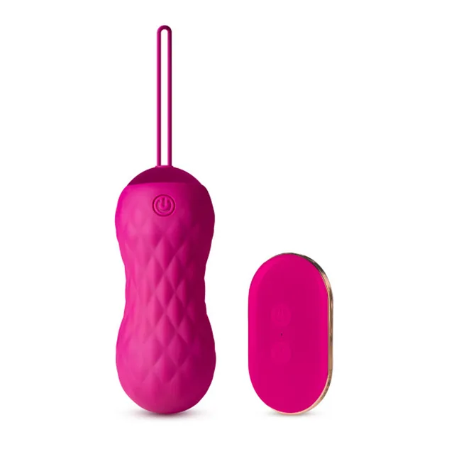 front view of textured pink Carina egg vibrator with pull loop beside remote