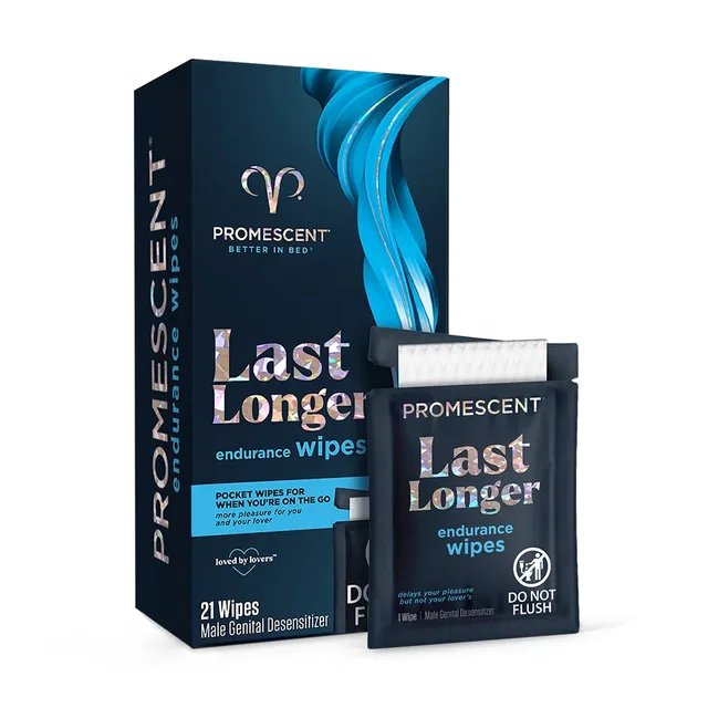 dark Promescent endurance wipe packet beside navy and blue retail box