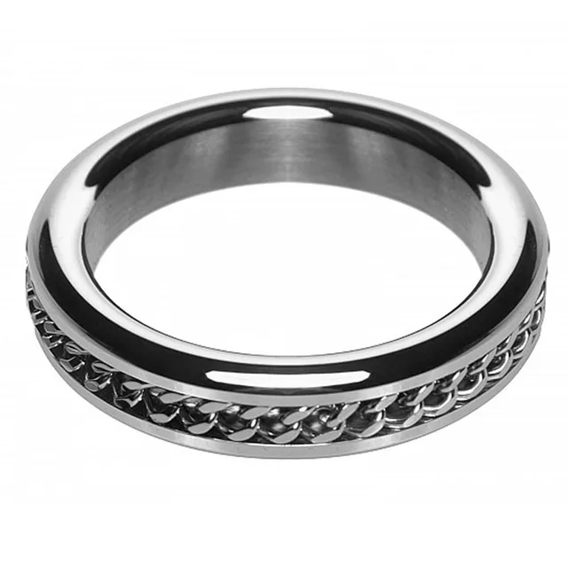 M2M Chrome Ring with Chain Design polished circular ring with dark recessed chain pattern