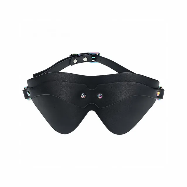 black bonded-leather blindfold with contoured eye panel and rainbow studs