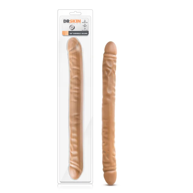 Blush Dr. Skin tan 18-inch double dildo beside tall clear retail package