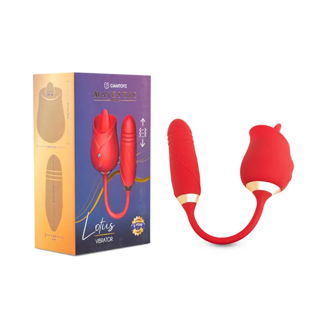 Camtoyz Lotus red dual stimulator beside purple and gold retail box