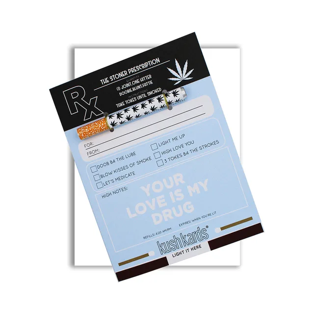 Stoner Prescription KushKard with prescription-pad artwork and metal one-hitter