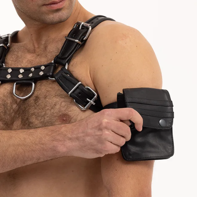 Prowler RED black leather arm wallet shown open with flap lifted