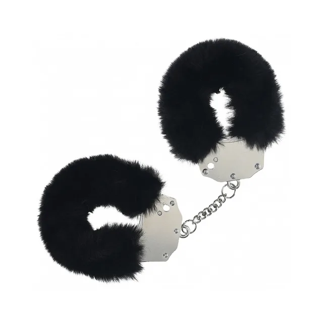 Shots Ouch black fluffy handcuffs fur-covered metal pair joined by short chain