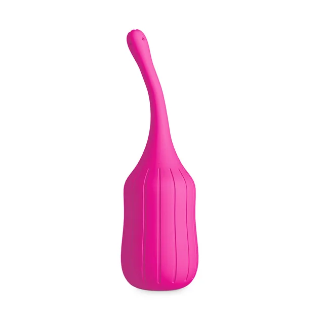Front view of ribbed pink bulb with curved cleanser nozzle