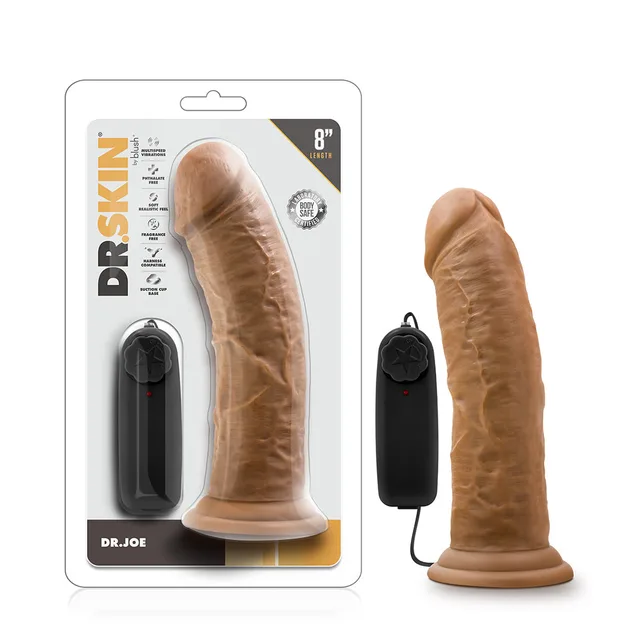 Blush Dr. Joe tan vibrator beside clear Dr. Skin retail package