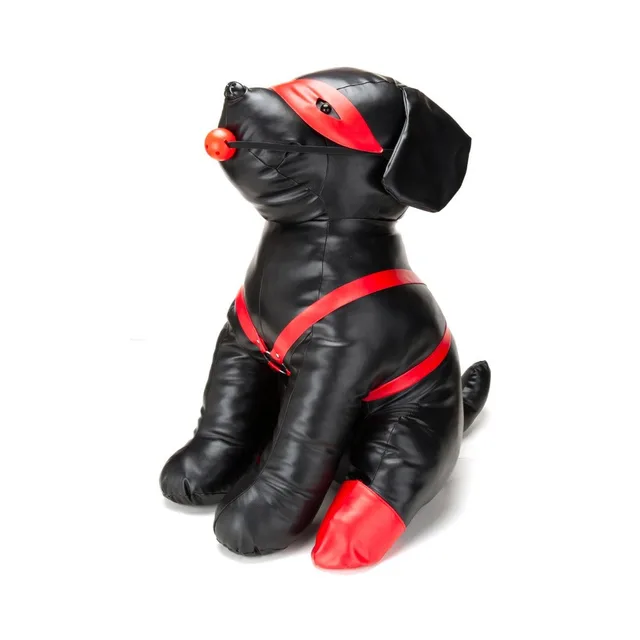 Angled front view of seated black Bandit figure and red paw covers