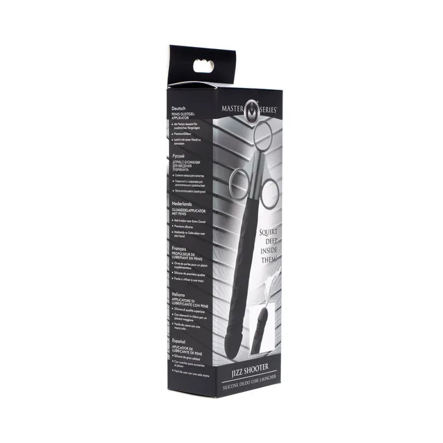 black Master Series Jizz Shooter lube launcher with plunger and finger loops on box