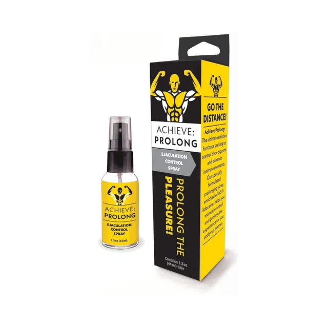 clear 1.5 oz Achieve Prolong pump spray bottle beside yellow and black box