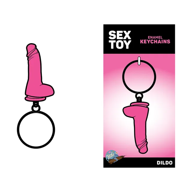 Wood Rocket pink dildo-shaped metal keychain on retail card
