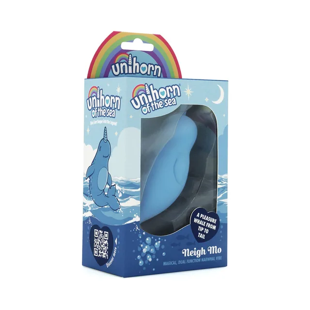 Blue Unihorn Neigh Mo narwhal massager in ocean-themed window box
