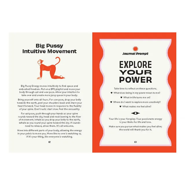 Big Pussy Energy by Vanessa Muradian book Big Pussy Intuitive Movement page beside Explore Your Power prompt