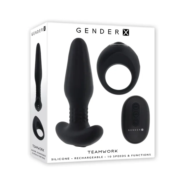 Gender X Teamwork black plug ring and remote pictured on retail box