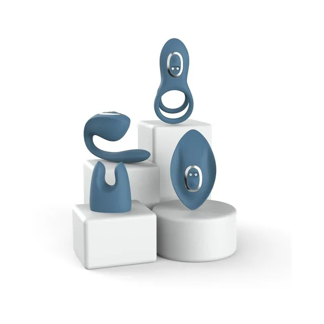 Adam & Eve Four-Play blue vibrator set four attachments displayed on white blocks
