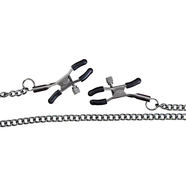 Pair of silver-tone adjustable clamps with black tips and connecting chain