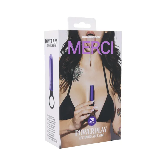 angled Merci Power Play violet vibrator retail box with grip ring pictured