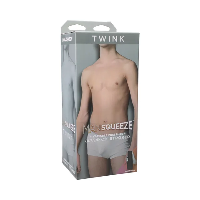 Doc Johnson Main Squeeze Twink vanilla stroker beside clear portrait retail box
