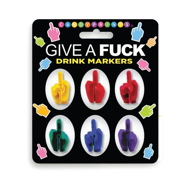 Six multicolor FU Finger silicone drink markers on black card