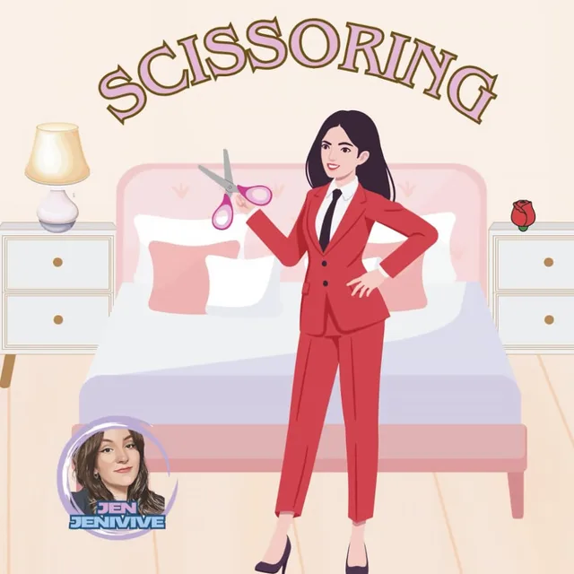 Front cover of Scissoring adult humor book with a woman in a red suit holding scissors beside a bed