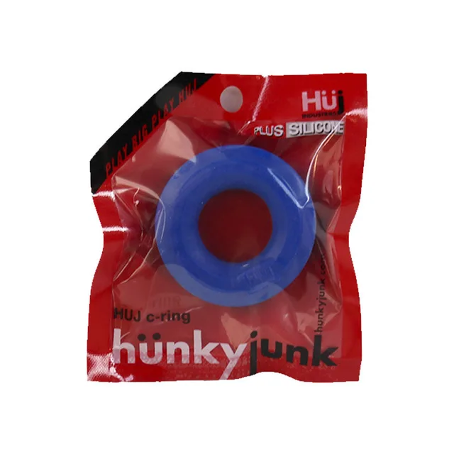 Oxballs Hunkyjunk HUJ thick cobalt blue ring inside red hanging pouch