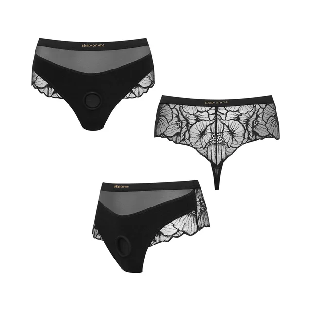 Strap-On-Me Sublime black lace harness size S front, back and angled product views together