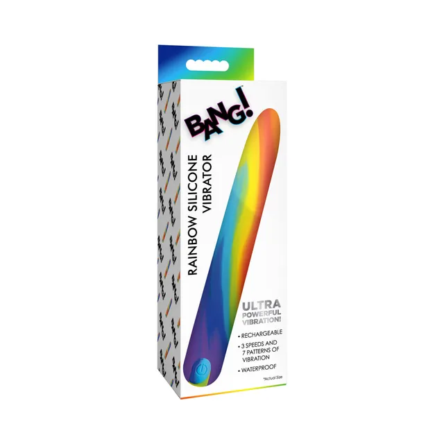 BANG! curved rainbow silicone vibrator shown in retail box