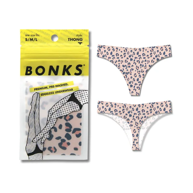 Bonks dusty pink animal print thong shown beside yellow package