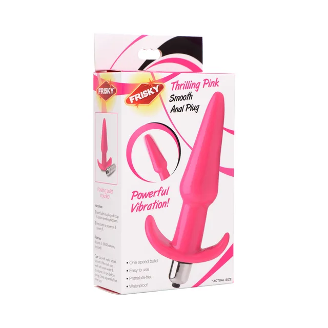 pink Frisky Thrilling smooth anal plug with silver vibrating bullet on box