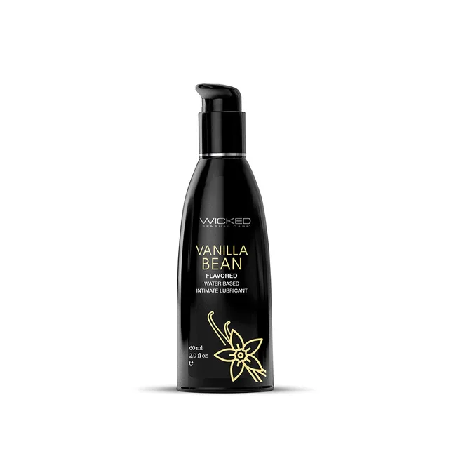 Wicked Aqua Vanilla Bean Lubricant black pump bottle front with vanilla flower graphic