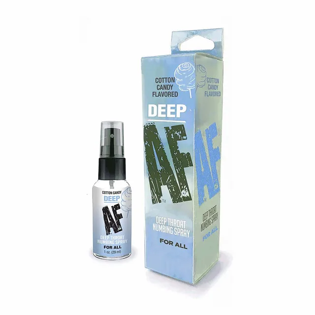 Deep AF Cotton Candy 1 oz pump spray beside pale blue retail carton