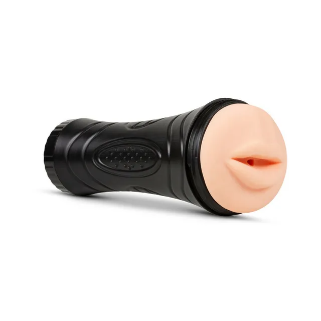 M for Men Torch Luscious Lips stroker angled view of black case and beige lips opening