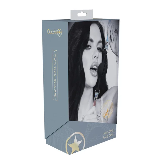 Shots Paris black silicone ball gag with iridescent strap displayed on box