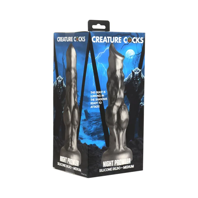 Creature Cocks Night Prowler medium silver-gray dildo in blue mountain and lightning retail box