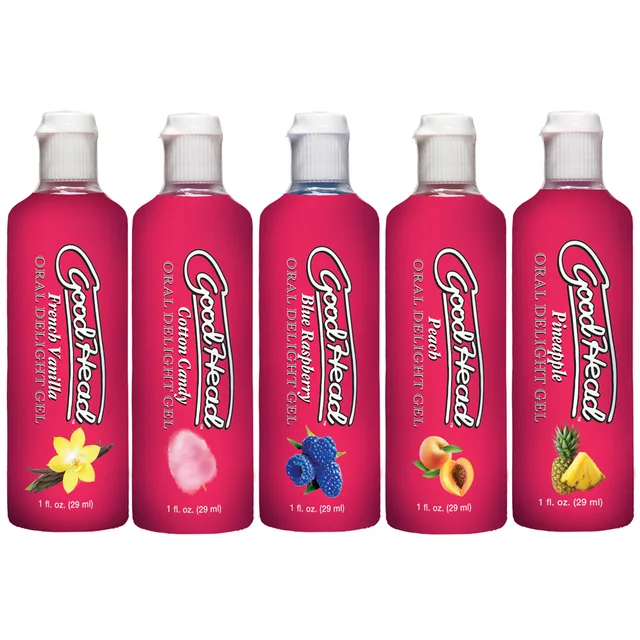 Five pink GoodHead 1 oz bottles in assorted labeled flavors