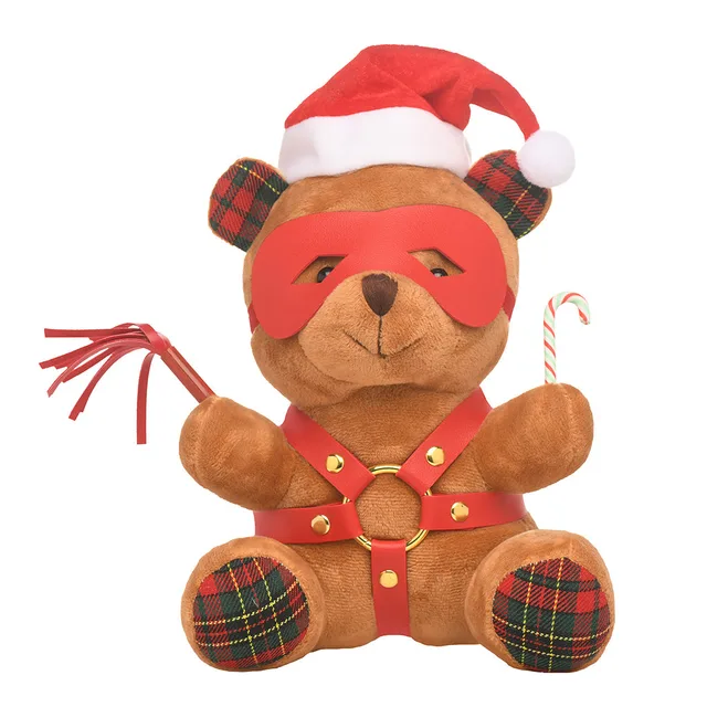Brown Master Series holiday bear with Santa hat, red mask and harness accents