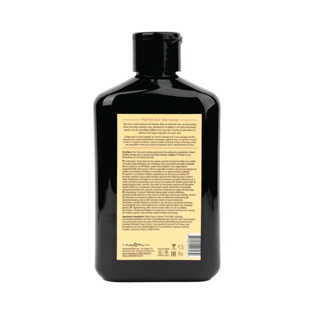 Back label of 8.4 oz wild pink rose bubble bath bottle