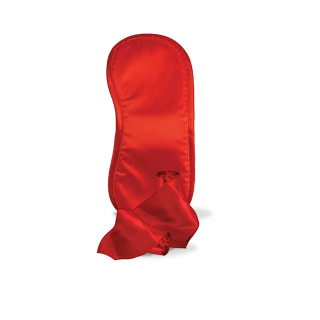 Front view of padded red satin blindfold and attached ties