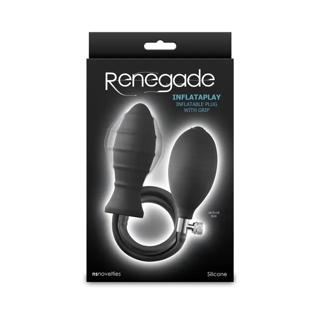 Renegade InflataPlay black inflatable plug with hand-pump grip on carton